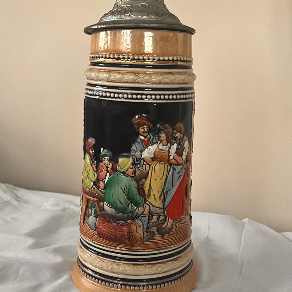 Vintage collectible German Lidded Beer Mug Beautiful Details 11” Tall